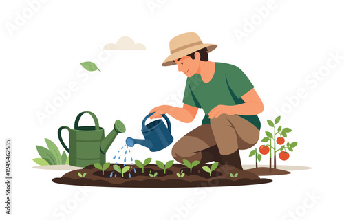 A homeowner caring for a small vegetable garden as part of a sustainable lifestyle and connection with nature, representing home gardening and eco friendly everyday living, visual metaphor