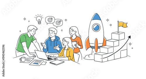 Young entrepreneurs collaborating during a focused strategy meeting to organize ideas and prepare the launch of a new startup project together, visual metaphor of a large rocket positioned