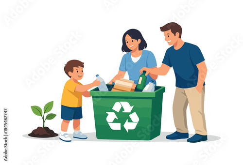 A family beginning a home recycling routine to reduce waste and support environmentally responsible living, representing sustainable habits and ecological awareness in daily life, visual