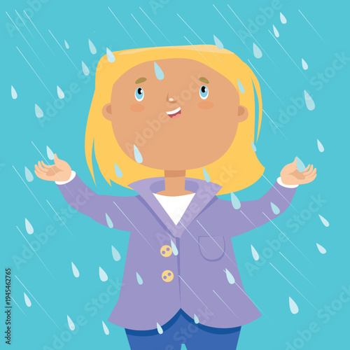 A cute little girl with open arms rejoices at the raindrops