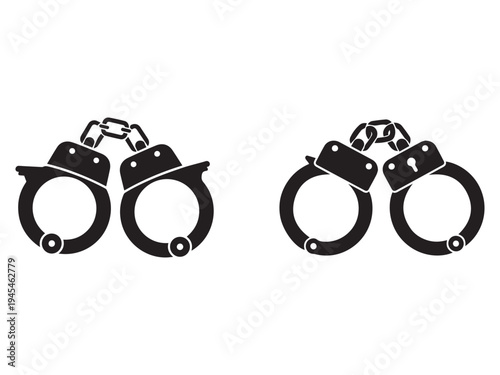 Two black handcuffs with chains on white background  law enforcement and security symbol  crime and justice icon