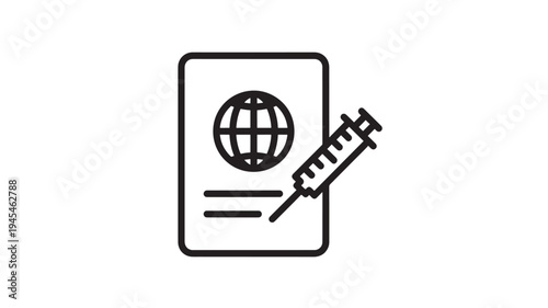 Passport icon with a syringe indicating travel health requirements for international journeys and medical vaccinations.