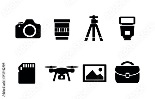 Photography equipment: DSLR camera, camera lens, tripod stand, flash speedlight, memory card, camera drone, photo frame picture, camera bag