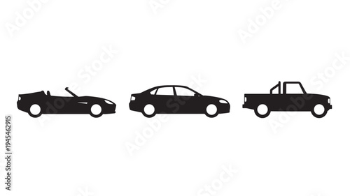 Cars set with convertible, sedan, and pickup truck silhouettes in black on a white background for graphic design.