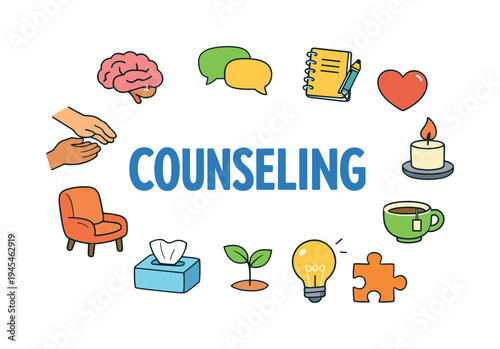 Professional mental health counseling concept focused on supportive therapy sessions where individuals openly discuss emotions, challenges and personal growth with a trained counselor