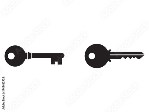 Two black keys with round heads and different shaped teeth on white background