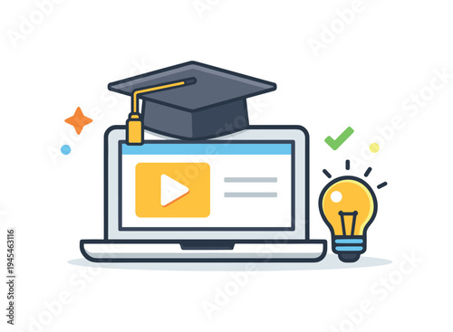 Online learning and professional skill development through modern digital education platforms and self paced study, a laptop paired with a graduation cap and a small lightbulb representing