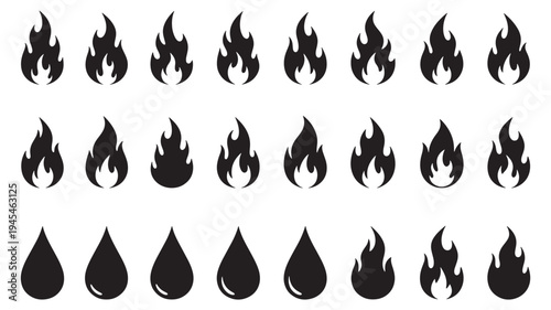 Flames and water drops icons set with bold black shapes on white background featuring fire icon, flame icon, liquid drop icon with droplet icon and