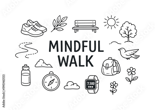 Mindful walking and simple outdoor movement concept focused on enjoying calm walks in nature or city parks as a daily habit for mental clarity, relaxation and light physical activity