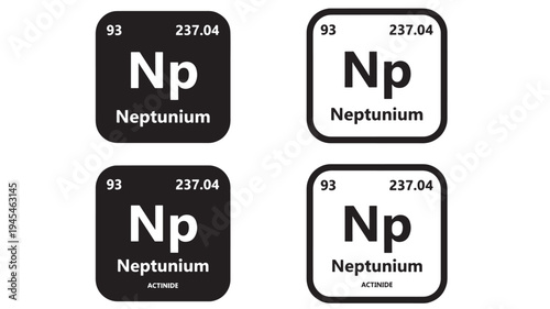 Neptunium element symbols with atomic number 93 and atomic mass 237.04, shown in black and white graphical representations.