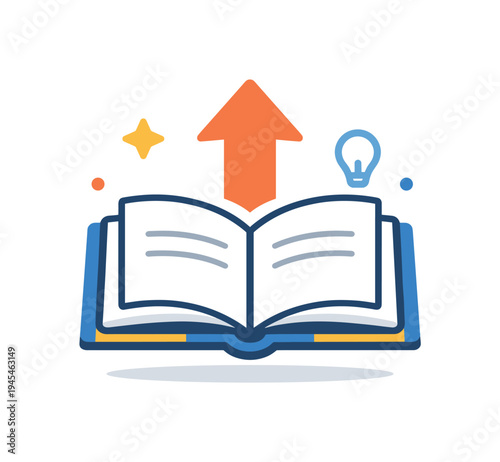 Personal growth through continuous learning and knowledge development in modern education and professional improvement, an open book paired with a small upward arrow symbolizing expanding