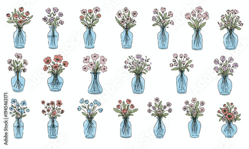 Hand drawn floral bouquets in blue glass vases, rustic wildflower arrangements in various glass bottles vector illustration