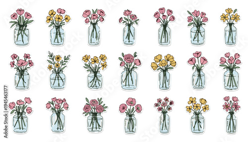 Hand drawn floral sticker set in glass jars, colorful wildflower bouquets in mason jars vector illustration collection