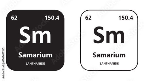 Samarium element symbol 'Sm' with atomic number 62 and atomic mass 150.4 on black and white backgrounds.