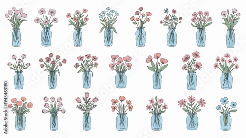 Set of hand drawn floral bouquets in tall blue glass vases, elegant wildflower arrangements in glass bottles vector illustration