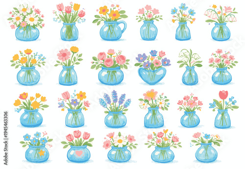 Kawaii hand drawn floral bouquets in blue glass vases set, cute pastel wildflower arrangements in various textured bottles vector illustration