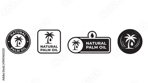 Natural palm oil icons featuring palm trees and falling oil drops, in various black and white graphic styles.