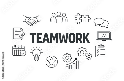 Professional teamwork collaboration where colleagues share ideas, coordinate tasks and support each other to achieve shared project goals. TEAMWORK central title surrounded by outline icons