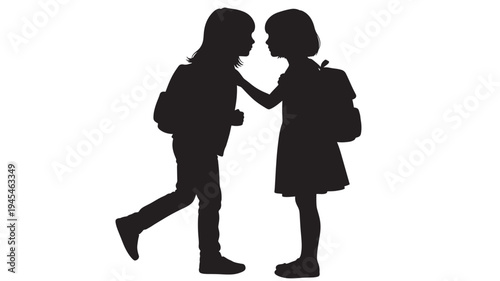 Silhouettes of two young girls with backpacks, one walking towards the other who is standing still and being touched on the shoulder