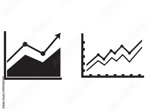 Two black line graphs on white background showing upward trends with one graph having filled area and the other having multiple lines  business data visualization