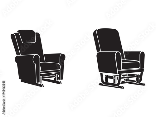 Two black recliner chairs with white outlines shown from different angles on white background  reclining furniture for home or office relaxation