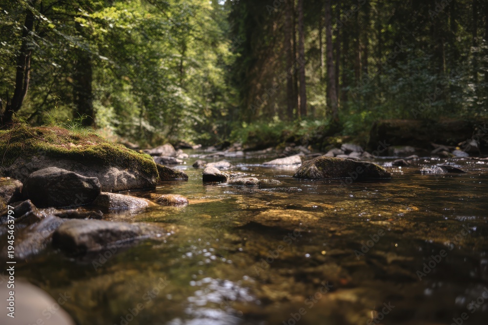 Obraz premium Water Meanders Through Bright Stones. Gentle Creek Glides Past Mossy Boulders Under Warm Sunlight