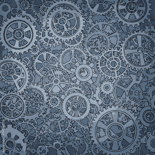 Intricate pattern of interlocking gears and cogs creating a sense of mechanical complexity and industrial motion