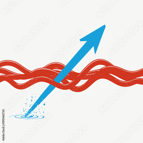 Abstract blue arrow breaking through tangled red lines, symbolizing success and overcoming obstacles in business growth and development