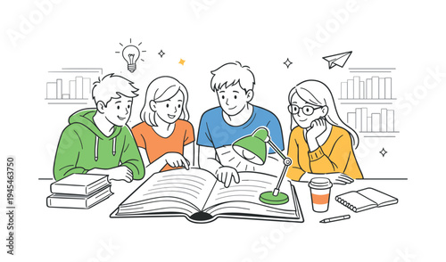 A group of young adults browsing books together in a modern public library during a quiet afternoon study session, gathered around a large open book and a simple reading lamp that symbolize