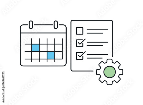 Structured project planning and organized workflow management for professionals coordinating complex tasks and deadlines, a simple calendar beside a checklist and a small gear symbolizing