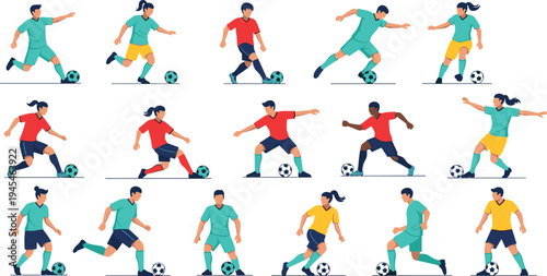 Set of diverse male and female soccer players in flat design action poses including dribbling kicking and running with ball vector illustration for sports team brandingSet of diverse male and female s