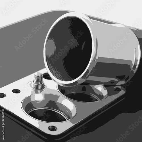 Industrial metal component with mounting plate and cylindrical pipe fitting, monochrome detail