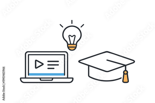 Online learning and continuous skill development through accessible digital education platforms for modern careers, a simple laptop beside a graduation cap and a small light bulb symbolizing