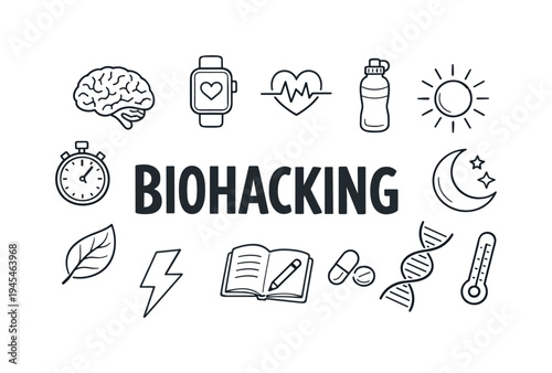 Modern biohacking and personal performance optimization concept focused on improving energy, focus and physical condition through smart habits, tracking tools and science based lifestyle