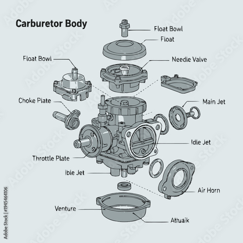 Detailed illustration of a carburetor engine component with labeled parts for educational purposes