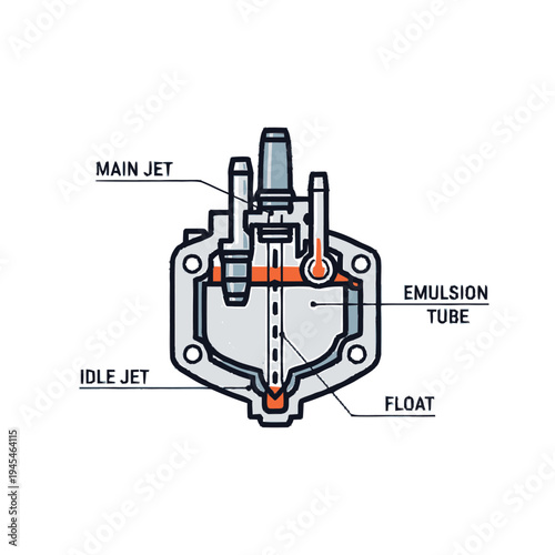 Detailed technical illustration of a carburetor's internal mechanism, showcasing the main jet, idle jet, emulsion tube, and float system crucial for precise fuel and air mixture delivery in engines