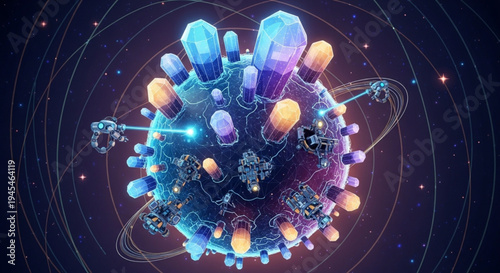 Intricate digital representation of a quantum sphere adorned with glowing crystals and energetic orbital rings in deep space