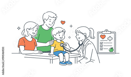 A young family visiting a pediatric clinic for a routine child health checkup, gathered around a small examination table with a friendly doctor and a simple medical chart that symbolize