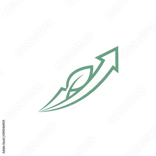 Dynamic upward arrow with integrated green leaf, symbolizing sustainable business growth, eco-friendly development, environmental progress, and a thriving future economy