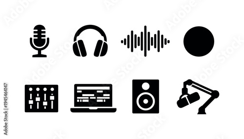 Podcast recording studio: broadcast microphone, headphones, audio waveform, recording button circle, sound mixer console, laptop editing timeline, studio monitor speaker, microphone on boom