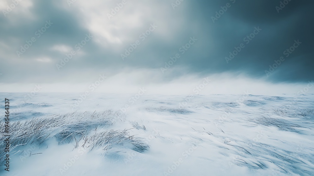 Obraz premium Dramatic winter landscape under a cloudy sky with textured ground and atmospheric lighting