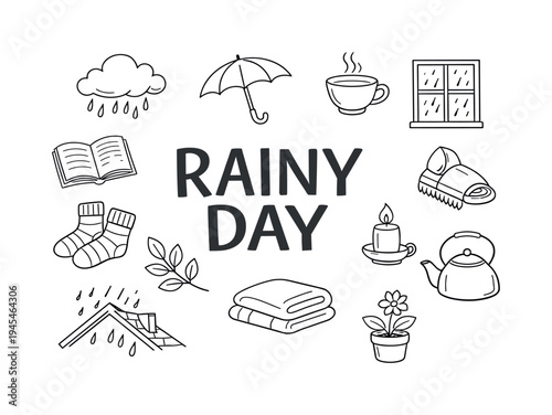 Peaceful rainy day lifestyle concept representing slow cozy moments during spring showers while enjoying nature sounds, fresh air and relaxing indoor comfort. RAINY DAY central title