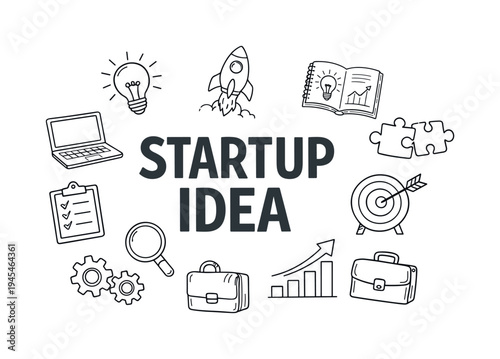 Creative startup idea development where entrepreneurs explore new concepts, sketch possibilities and transform innovative thoughts into practical business opportunities. STARTUP IDEA central