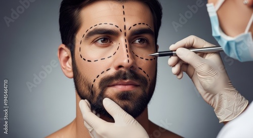 Handsome man receives facial markings from medical professional for cosmetic surgery in a professional portrait on a muted grey backdrop