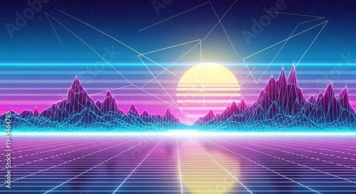 Retro futuristic landscape with neon mountains and a glowing sun over a digital grid