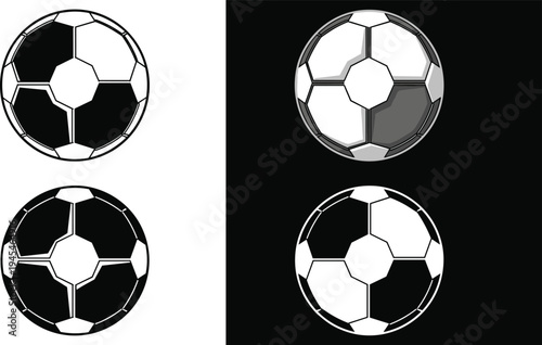 Set of soccer football ball icons in black and white styles with various shading effects isolated on light and dark backgrounds vector illustration for sports logo designSet of soccer football ball ic