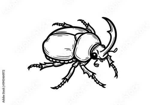 Detailed Line Art Illustration of a Rhinoceros Beetle.