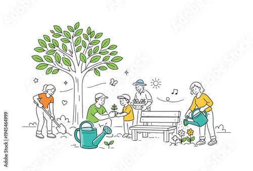 Residents organizing a neighborhood effort to improve environmental quality and create a greener shared public space, visual metaphor of a large young tree beside a watering can and a small