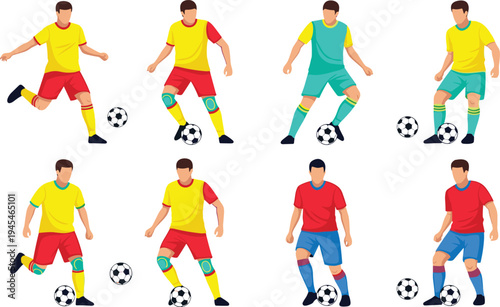 Set of professional soccer player vectors featuring male athletes dribbling and kicking balls in colorful sports uniforms for football, 20 words.Set of professional soccer player vectors featuring mal