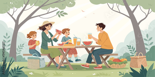 A family enjoys a picnic in a park with trees and a serene atmosphere